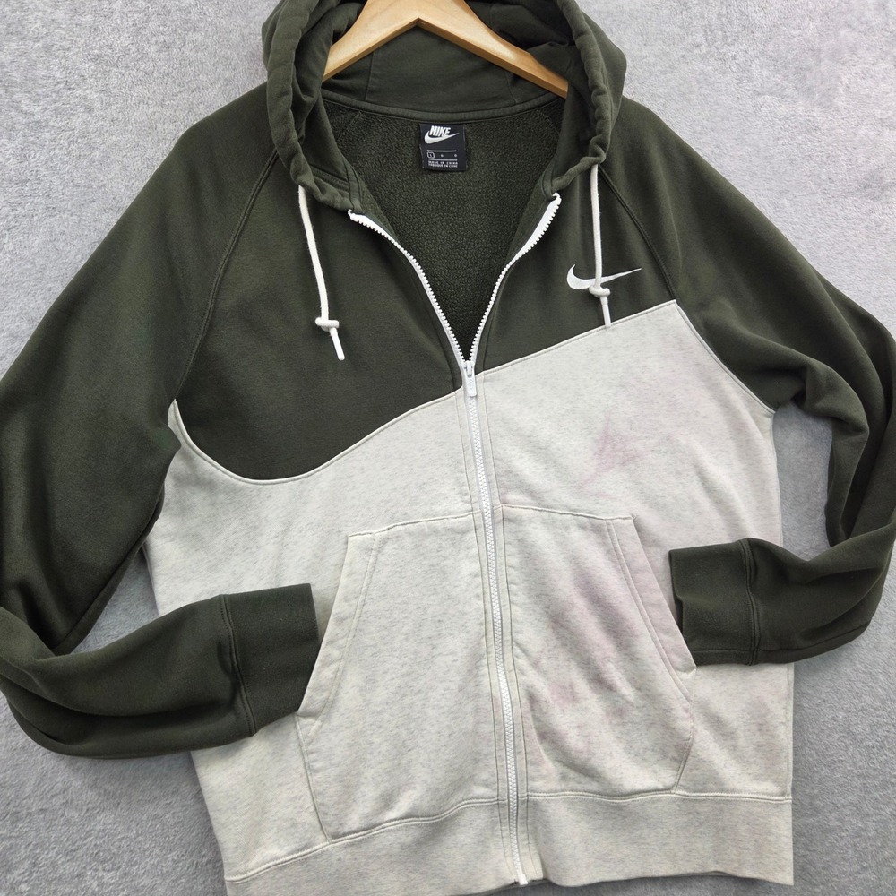Y2K NIKE Colorblock Big Swoosh Full Zip Fleece Hoodie Mens L Olive Green